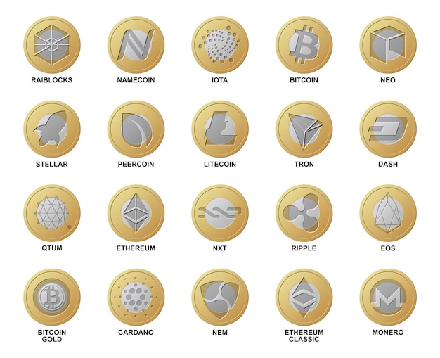 Pièces De Monnaie Logo Cripto. Différentes Pièces D'or Et D'argent Collection De Crypto-monnaies Blockchain Pour L'achat Et Le Réseau De Trading. Ensemble D'argent Numérique Pour Les Applications, Les Sites Web. Réaliste