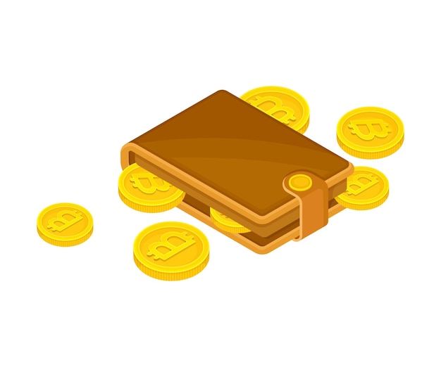 Vecteur des pièces d'or isométriques de bitcoin stockées dans une illustration vectorielle de portefeuille brun