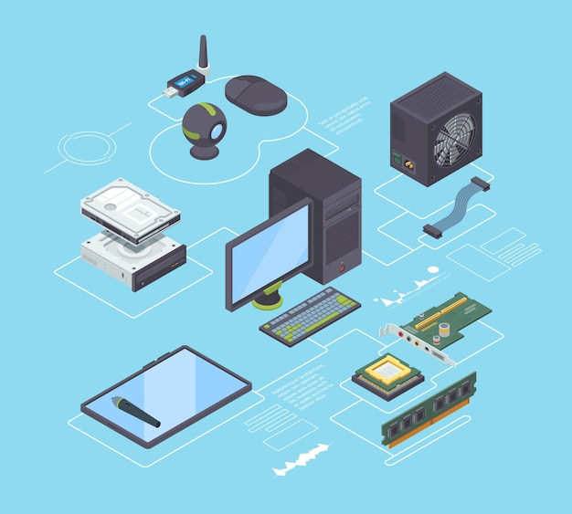 Vecteur pièces d'ordinateur et schéma de connexion isométrique