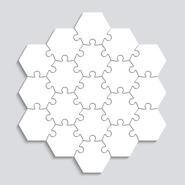 Vecteur pièces de puzzle grille de puzzle hexagonale jeu de réflexion en mosaïque avec 19 formes schéma simple avec des détails séparés