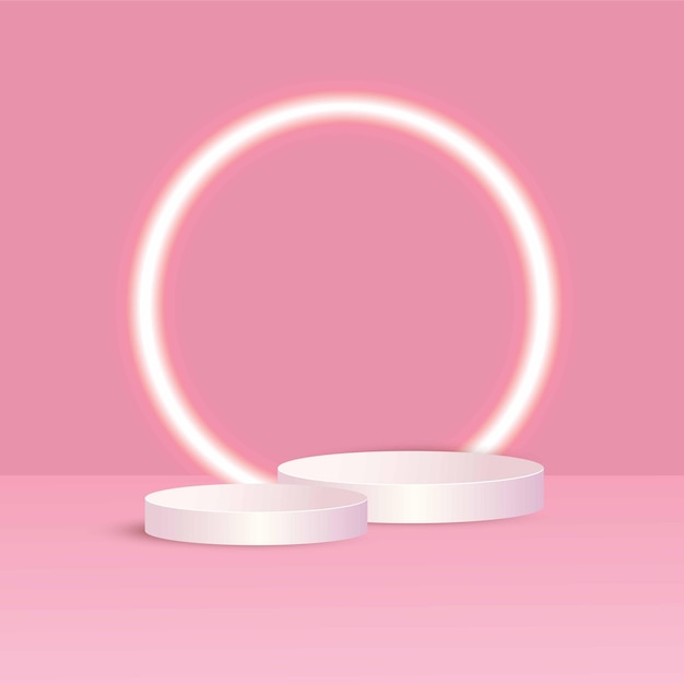 Piédestal blanc de podium 3D dans une salle rose avec vitrine de cadre lumineux pour la présentation et la publicité de produits Plate-forme ronde vide sur fond pastel avec un design moderne minimal de nuages