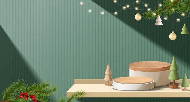 Piédestal en bois de modèle de Noël minimal 3D réaliste ou podium de stand pour afficher les produits afficher la décoration en bois d'arbre de Noël sur fond vert