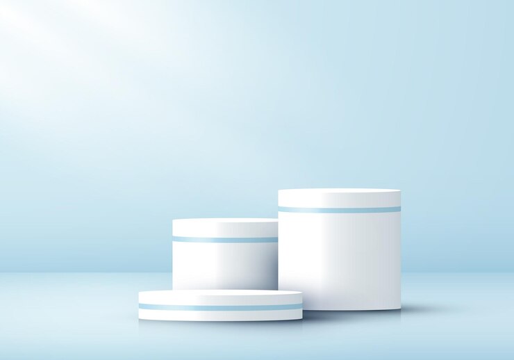 Vecteur piédestal de cylindre blanc réaliste 3d sur fond bleu de salle de studio. conception de plate-forme géométrique. vous pouvez utiliser pour l'affichage du produit, la présentation cosmétique, etc. illustration vectorielle