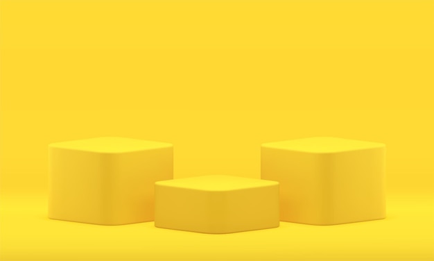 Piédestal jaune 3d trois cubes plate-forme compétition prix arène illustration vectorielle réaliste