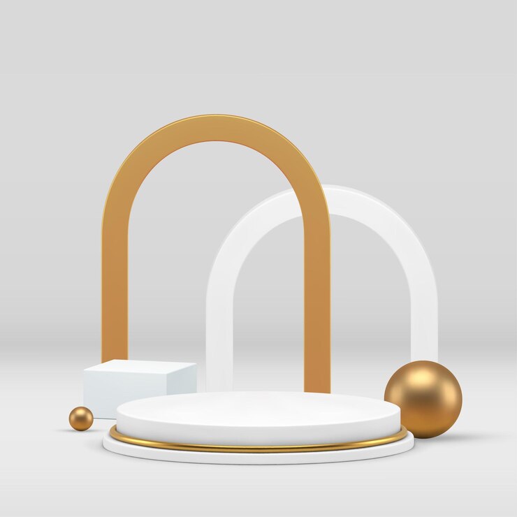 Piédestal de podium 3D de luxe blanc avec arc doré et cube de sphère à l'arrière-plan vectoriel réaliste
