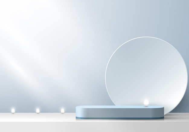 Piédestal de podium blanc et bleu en couches de scène 3D avec fond de cercle et scène minimale de lumière au néon Vous pouvez utiliser pour l'affichage du produit Illustration vectorielle