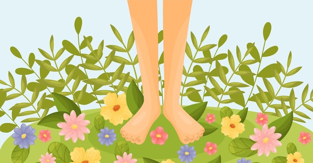 Vecteur pieds nus dans un pré de fleurs contre un ciel bleu et de hautes tiges d'herbe illustration vectorielle