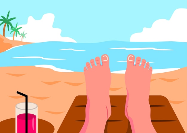 Vecteur les pieds d'une personne sur une plage avec un verre de jus