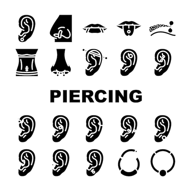 Vecteur piercing, anneau, boucle d'oreille, nez, icônes, ensemble, vecteur