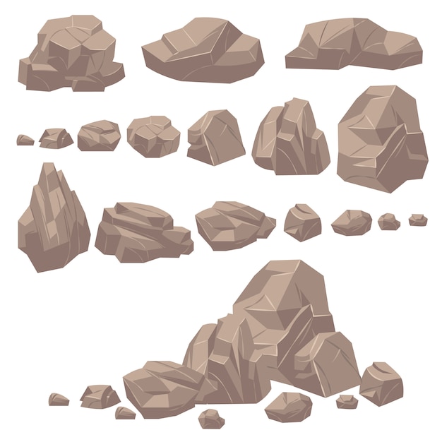Pierre de roche. Roches et pierres isométriques, blocs massifs de granit géologique. Cobbles pour paysage de dessin animé de jeu de montagne. Ensemble de vecteur