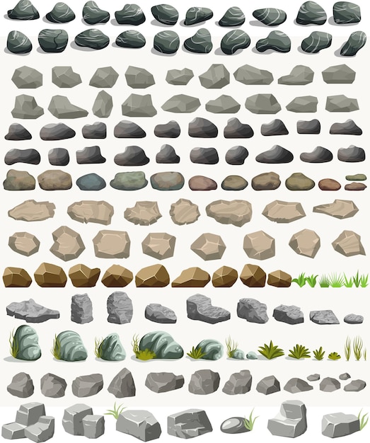Vecteur pierre de roche sertie de dessin animé d'herbe dans un style plat.