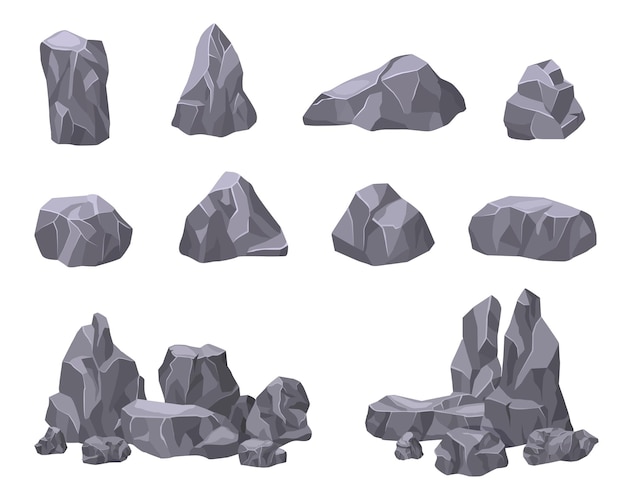 Vecteur pierres naturelles de dessin animé piles de roches éléments 3d en pierre cailloux cassés isolés rocher géant montagne fissurée grise et collection de vecteurs exacts de gravier