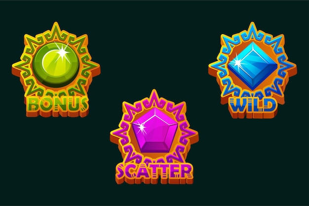 Les pierres précieuses dans les cadres de disque solaire Les icônes de l'application BONUS WILD et SCATTER pour les jeux de machines à sous Les actifs de jeu 2D