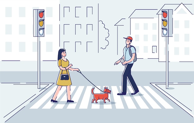 Les Piétons Traversant La Rue. Homme Et Femme Avec Chien Se Déplaçant Sur Le Passage Pour Piétons Au Réverbère Vert.