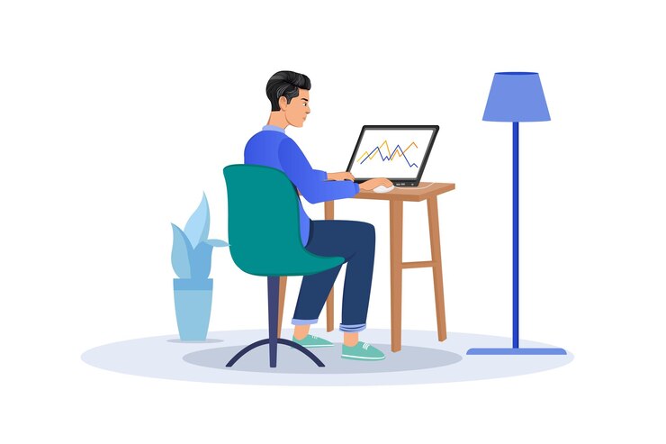 Pigiste cool avec ordinateur portable à la maison jeune homme assis sur une chaise et utilisant un ordinateur portable Illustrations