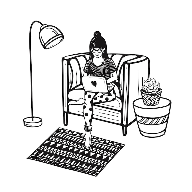 Un pigiste travaille à domicile Une fille travaillant à domicile pendant la pandémie de coronavirus Entreprise en ligne Travail à partir d'une illustration vectorielle moderne de bureau à domicile dans le style Doodle Travail à distance Intérieur de maison confortable