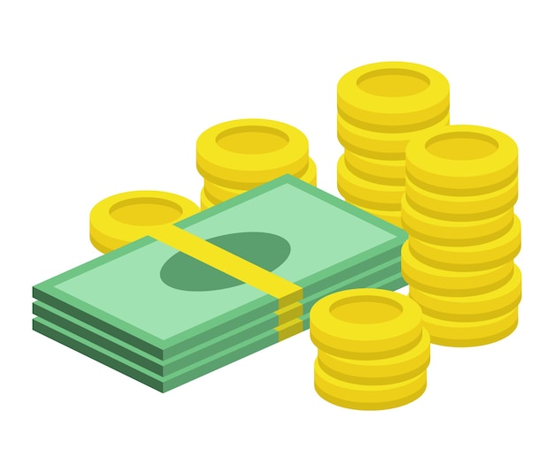 Pile d'argent et de pièces d'or liasse d'argent vectoriel couleur clipart isolé sur fond blanc