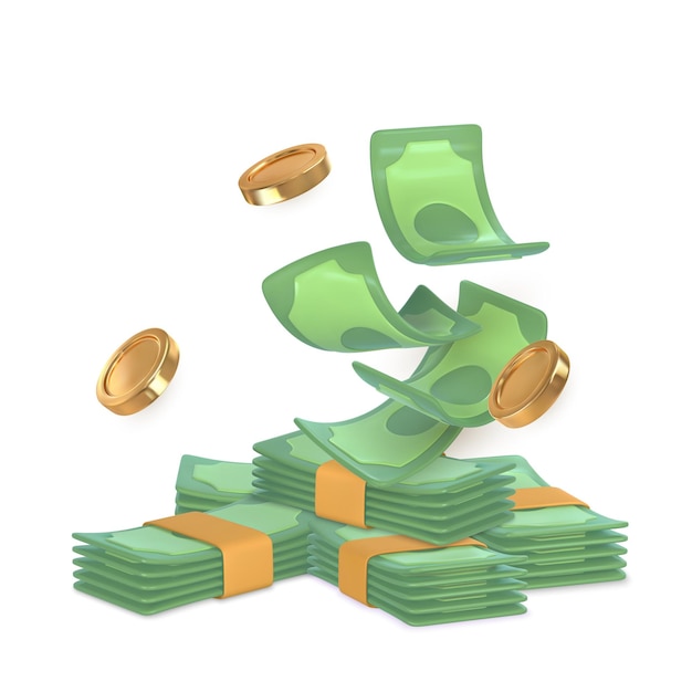 Une pile d'argent verte 3D dans le style de dessin animé Une pièce d'or tombante et de l'argent tordu Illustration vectorielle