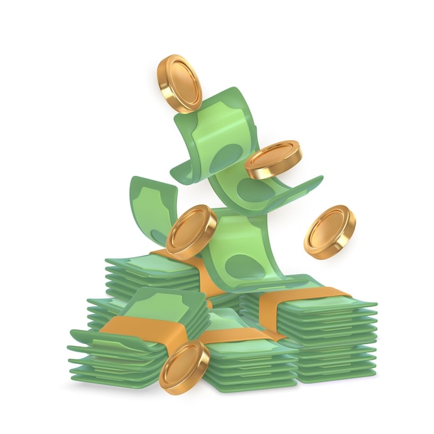 Une pile d'argent verte 3D dans le style de dessin animé Une pièce d'or tombante et de l'argent tordu Illustration vectorielle