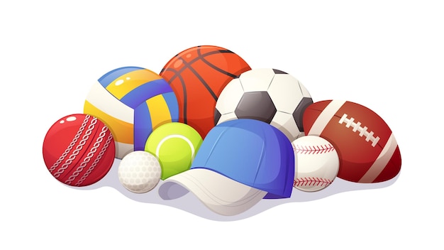 Pile de balles de sport Soccer basket-ball volleyball balle de tennis Boules vectorielles de dessin animé sur fond blanc