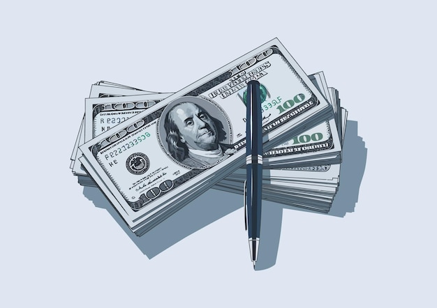 Une pile de billets d'un dollar avec un stylo au milieu.