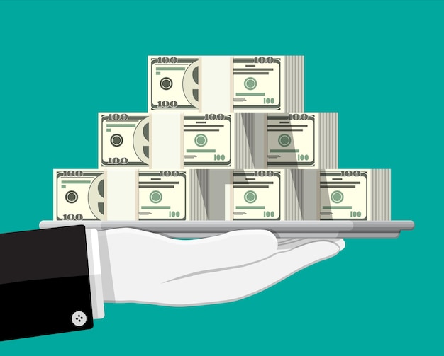 Pile de billets en dollars sur plateau en main