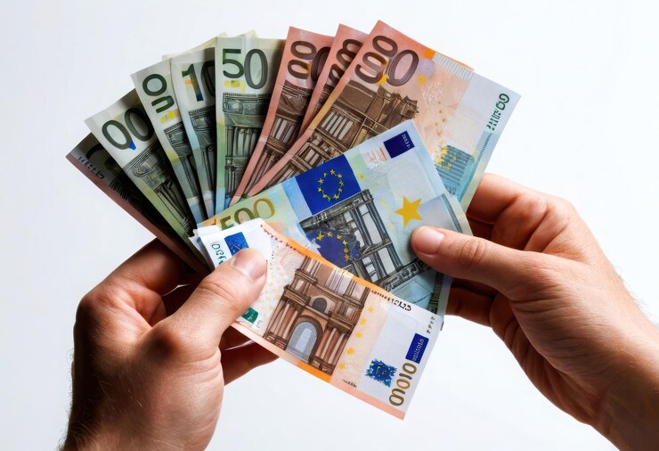 Vecteur une pile de billets en euros sur lesquels figure le mot " euro "