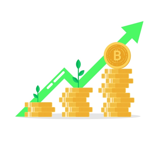 Vecteur pile de bitcoin avec fonds de croissance icône plate illustration vectorielle