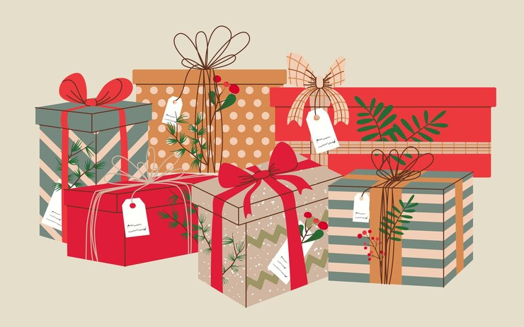 Pile de cadeaux de Noël dans du papier d'emballage avec ruban et arcs. Pile de différents cadeaux