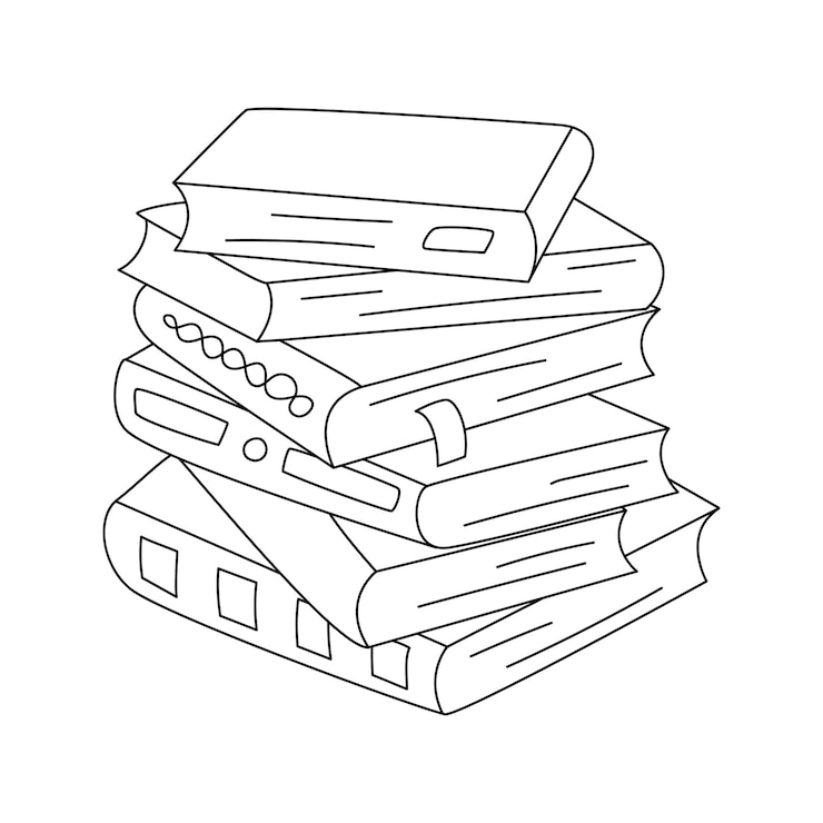 Vecteur pile de différents livres avec des signets pile de doodle dessinée à la main de livres manuels un symbole de lecture apprentissage éducation science illustration vectorielle contour noir et blanc isolée sur blanc