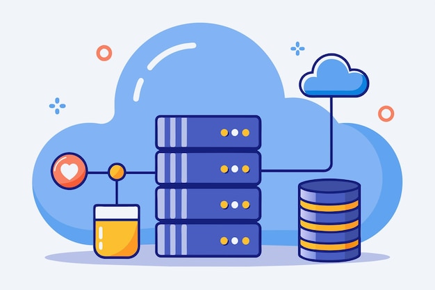 Une pile de données avec un nuage qui plane au-dessus d'elle illustrant le concept de stockage dans le nuage et de sauvegarde de données sauvegarde des grandes données avec le nuage Illustration vectorielle plate simple et minimaliste