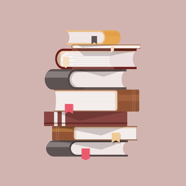 Pile de livres anciens avec couvertures rigides et signets isolés sur une surface claire