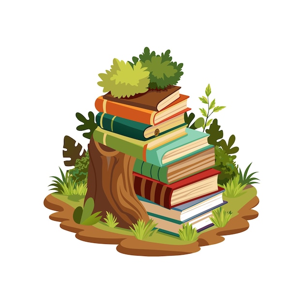 une pile de livres avec un arbre au-dessus