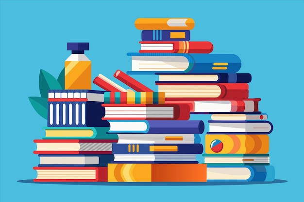 une pile de livres avec une bouteille de médicaments au-dessus d'eux