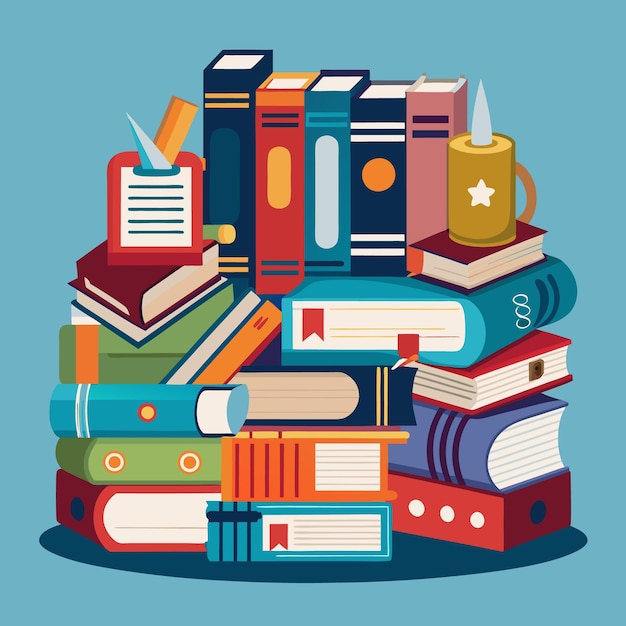 Une pile de livres colorés avec une bougie au sommet