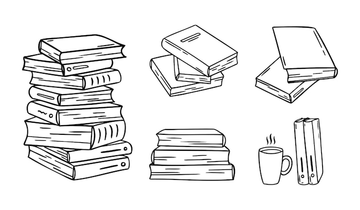 Vecteur une pile de livres dessinée à la main, des croquis différents, une pile de livres de style linéaire, un ensemble d'icônes, des variations de livres de dessin.