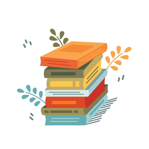 Pile de livres en icône de style plat. Pile de volumes entourés de plantes comme symbole de l'éducation