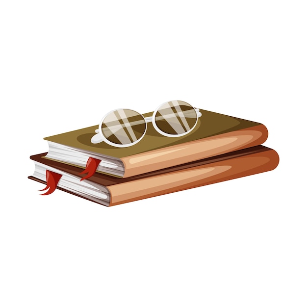 Vecteur une pile de livres avec des lunettes de signets, des livres horizontaux isolés sur un fond blanc