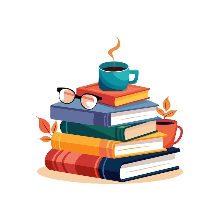 Vecteur une pile de livres avec une tasse de café au-dessus