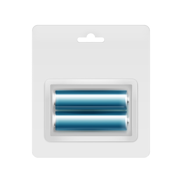 Piles AA alcalines brillantes bleu cyan vecteur sous blister transparent emballées pour la marque sur blanc