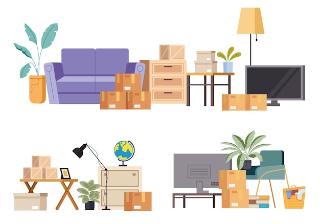 Les piles de déménagement à la maison livrent un paquet de boîtes de meubles au nouveau concept de maison design graphique plat il