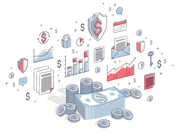 Piles De Dollars En Argent Comptant Et Piles De Cents De Pièces Isolées Sur Fond Blanc. Finance Vectorielle 3d Isométrique Et Illustration Commerciale Avec Des Icônes, Des Graphiques De Statistiques Et Des éléments De Conception.