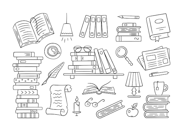 Des piles de livres en papier, une bibliothèque à la maison, une étagère de style doodle. Ensemble dessiné à la main