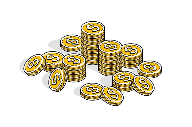 Piles de pièces de monnaie en espèces isolées sur fond blanc. Illustration vectorielle 3d isométrique commerciale et financière, conception de lignes fines.