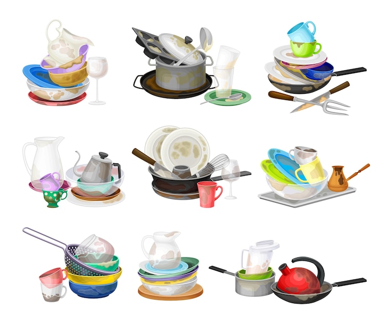 Vecteur des piles de vaisselle et d' ustensiles sales avec des assiettes et des tasses vectorielles
