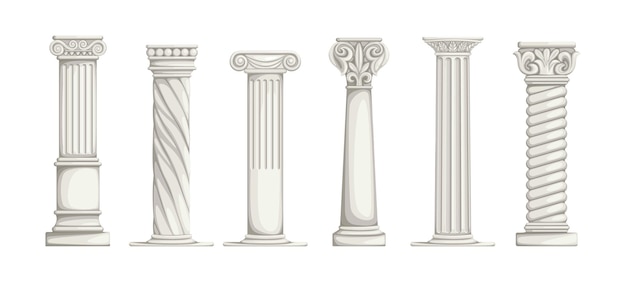 Vecteur piliers romains colonnes en marbre grec ancien blanc ensemble d'éléments d'architecture partie du bâtiment avec décorations en pierre sculptée colonnade antique types vectoriels de constructions ioniques
