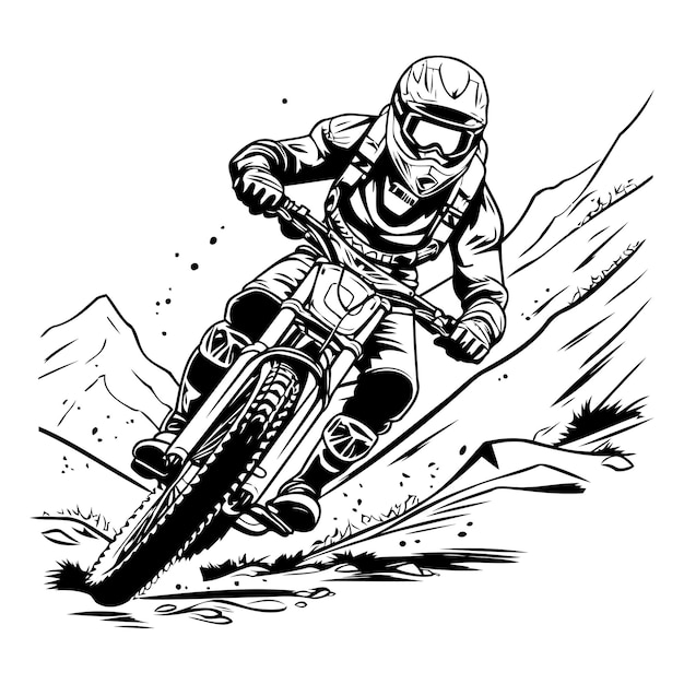 Vecteur pilote de motocross sur la course illustration vectorielle monochrome