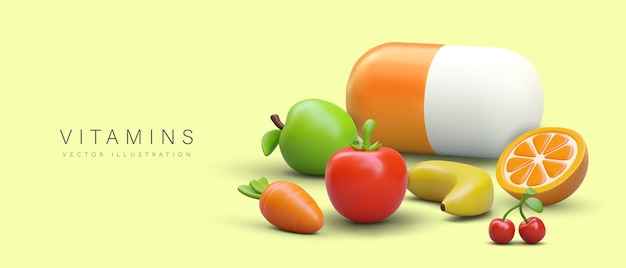 Pilule et fruits 3D réalistes Variété de vitamines dans différents fruits, légumes et baies