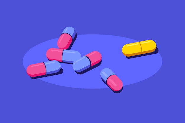 Pilules et comprimés de médicaments sur fond bleu. Médicament, concept pharmaceutique. Illustration de style plat.