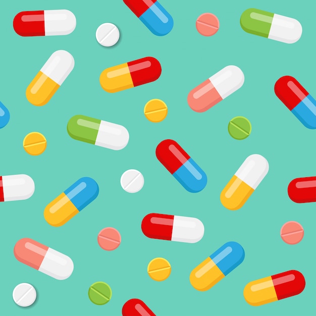 Vecteur pilules et médicaments modèle sans couture sur fond bleu